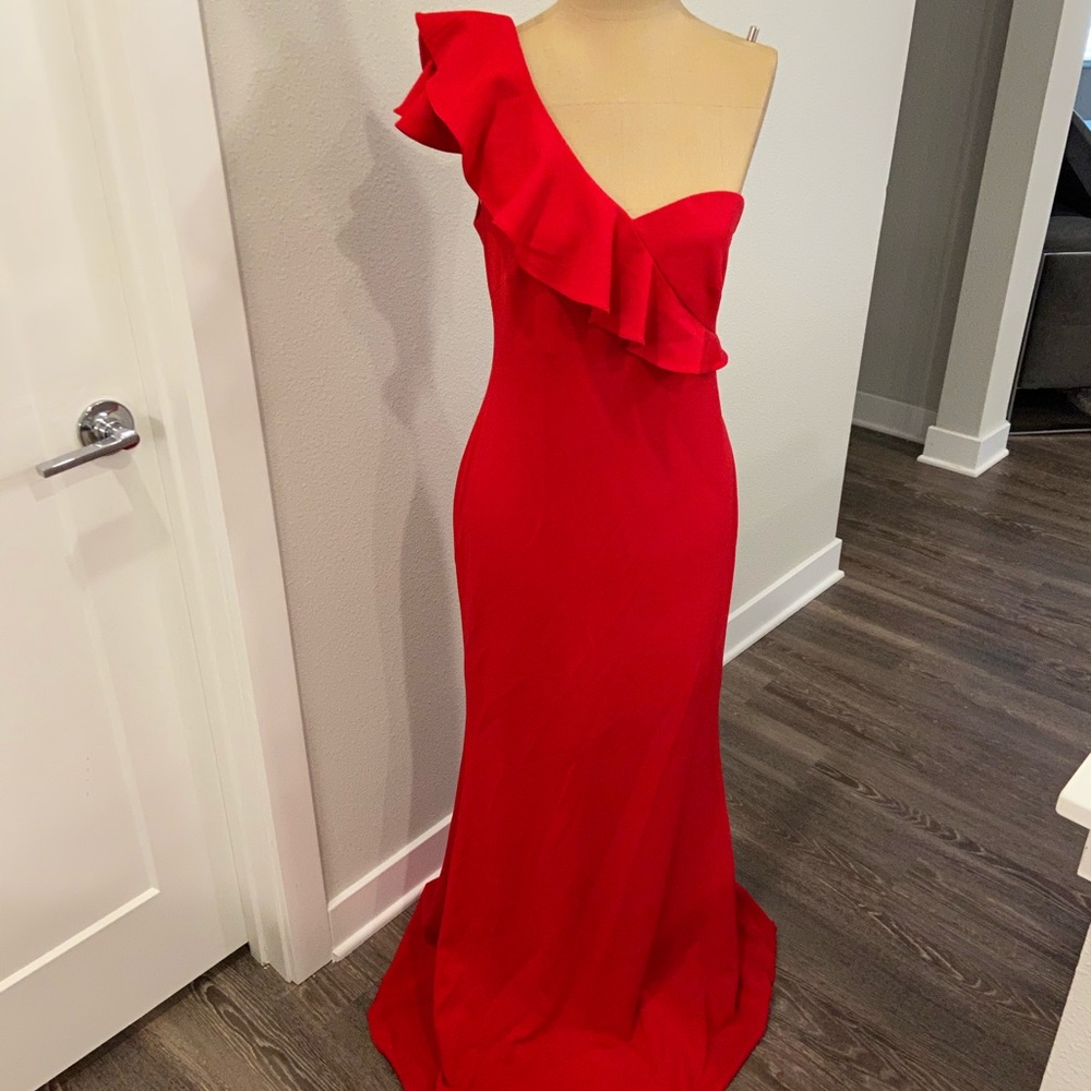 Calvin Klein Ruffled One Shoulder Gown / Red Dress